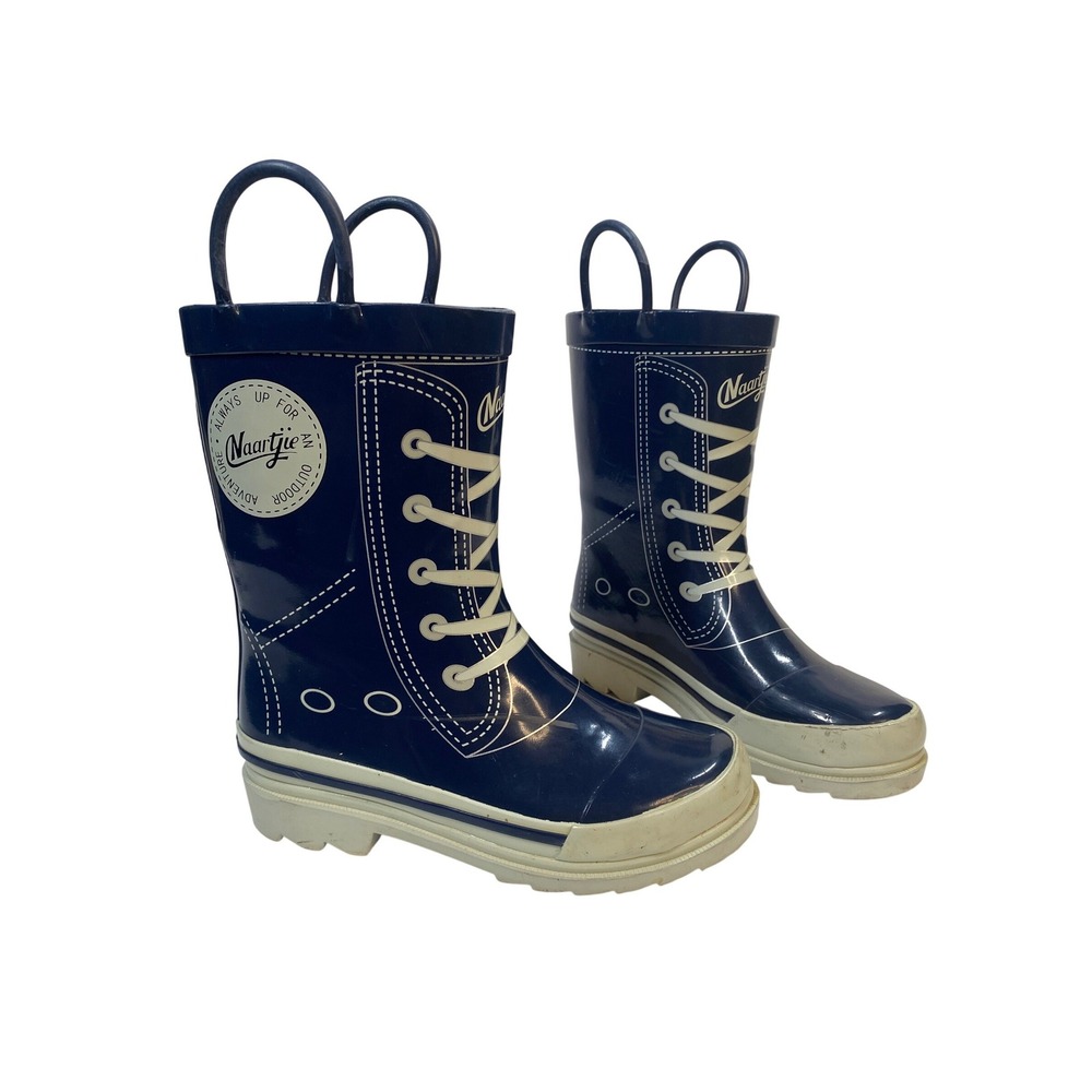Naartjie Rain Boots Kids Size 12 Navy Blue Faux Lace‎ Graphic Pull On Waterproof